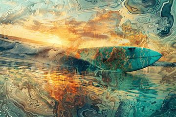 Abstracte Zonsondergang en Surfplank in Zee van Art & Soul Creations