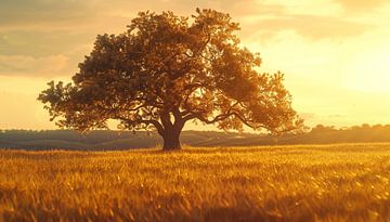 Eenzame eikenboom zonsondergang panorama van TheXclusive Art