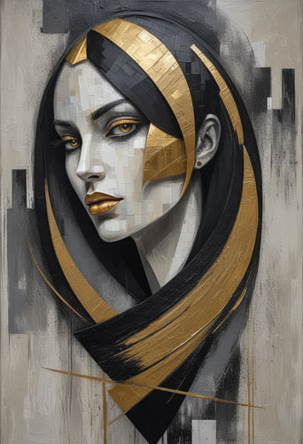 Golden Art Deco – Elegantes Frauenporträt mit geometrischen Gold-Akzenten