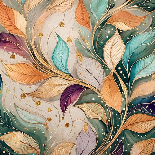 Chique schilderij met veertjes en blaadjes in goud en blauwgroen