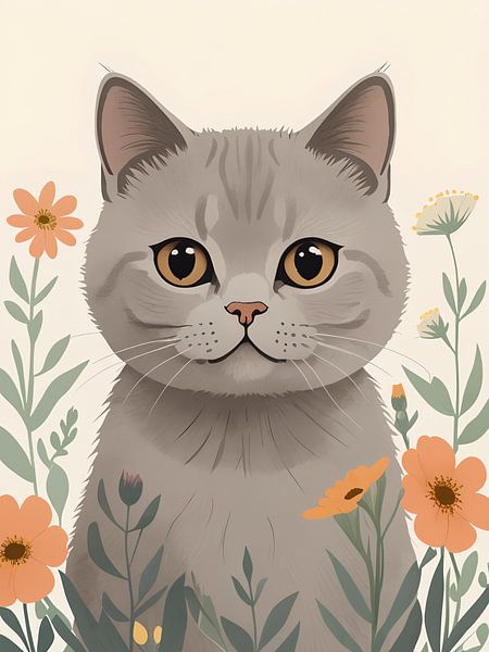 Cat in pastel with flowers by Hilde Remerie Photography and digital art