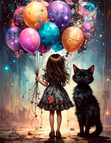 Meisje met ballonnen en kat...