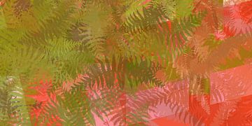 Colorful abstract botanical art. Fern leaves in green on pink and red by Dina Dankers