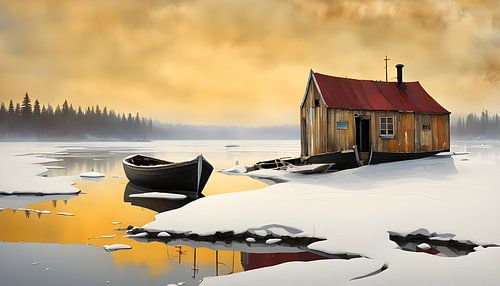 Lake with hut and boat