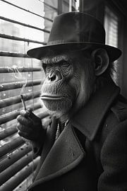 Elegant monkey gentleman enjoying a cigarette - Monochrome by Poster Art Shop