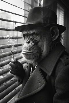 Elegant monkey gentleman enjoying a cigarette - Monochrome by Felix Brönnimann