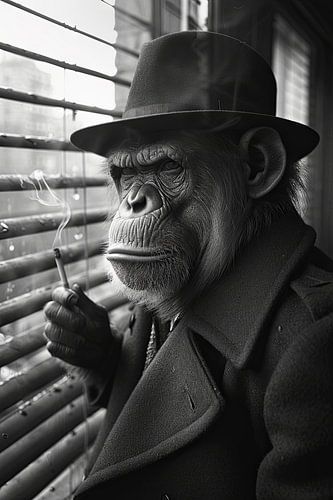 Elegante aapmens genietend van een sigaret - Monochroom