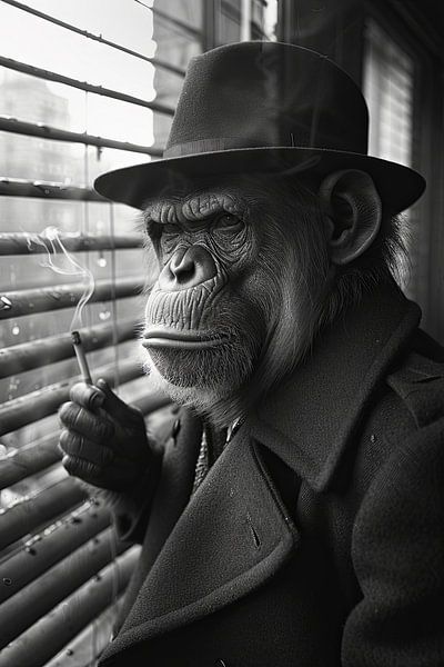 Homme élégant singe savourant une cigarette - Monochrome par Poster Art Shop