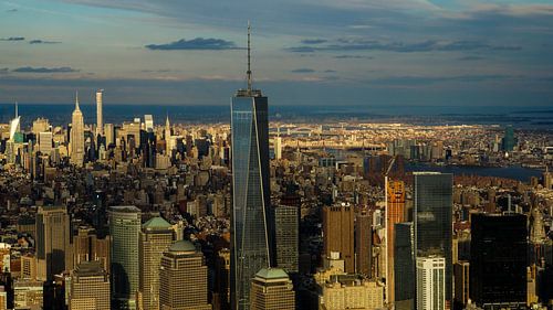 Indrukwekkende skyline van vele hoge gebouwen van New York City van bovenaf
