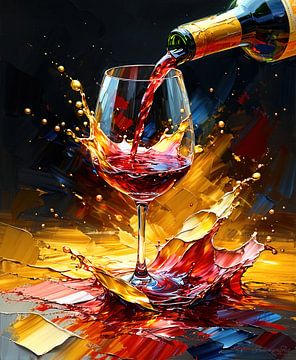 Rotwein im Strom des Genusses: Ein Weinglas zwischen flüssigem Gold, rubinroten Spritzern und der Würde des Augenblicks von AidasignArt