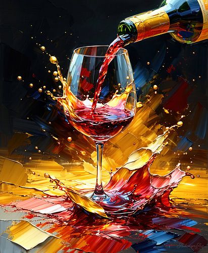 Rode wijn in de stroom van plezier: een wijnglas tussen vloeibaar goud, robijnrode spatten en de waardigheid van het moment