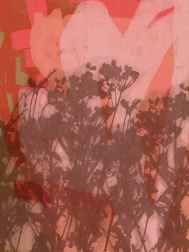 Kleurrijke botanische kunst in warm bruin, roze, oranje, terra. Monotypes weidebloemen.