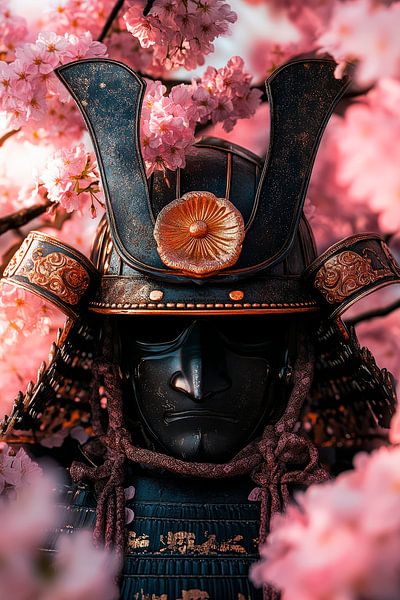 Samurai-Held zwischen Kirschblüten von Poster Art Shop
