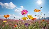 Een bloemenveld met een blauwe lucht op de achtergrond