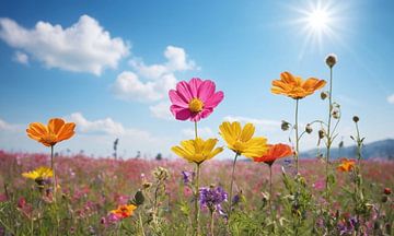 Een bloemenveld met een blauwe lucht op de achtergrond