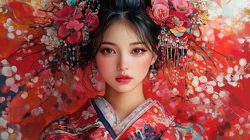 Japanese Woman in Red Kimono