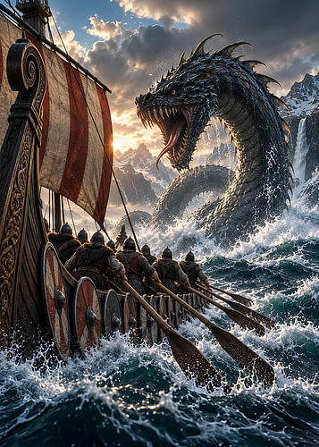 Vikings battling the Midgard Serpent