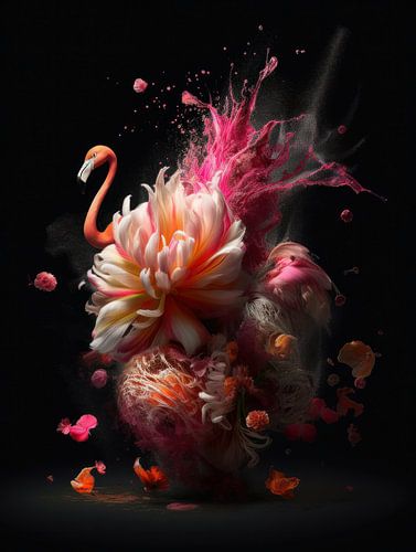 Flamingo in an Explosion of Flowers and Colours
