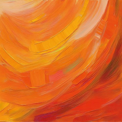 Œuvre abstraite pleine de vie, dans des tons orange et rouge