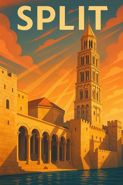 Split Cathedral Sunset Art Deco Poster by Travel Shop