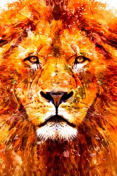 Schilderij van kleurrijke leeuw in close-up van De Muurdecoratie