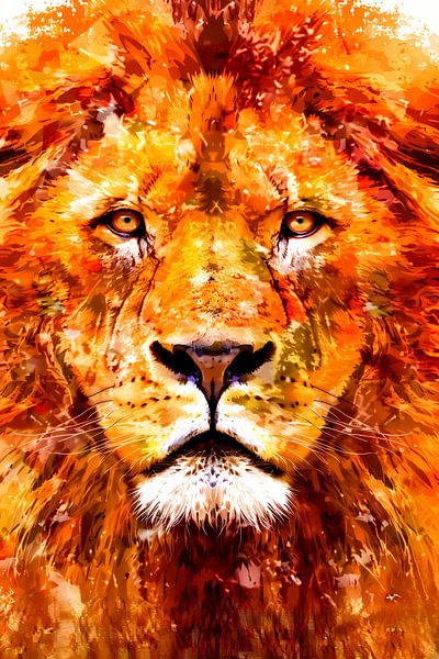 Schilderij van kleurrijke leeuw in close-up van Art & Soul Creations