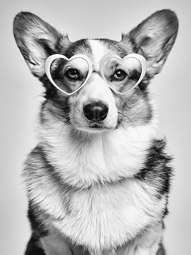 Corgi avec des lunettes en forme de cœur