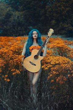 The girl with the guitar in the flower field