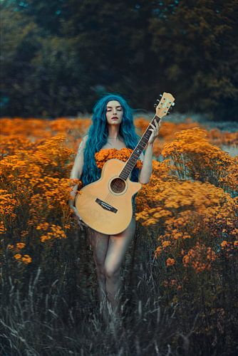 La fille avec la guitare dans le champ de fleurs sur Original Cin Photography
