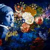 Delfts blauw Meisje met de parel in collage van bloemen van John van den Heuvel