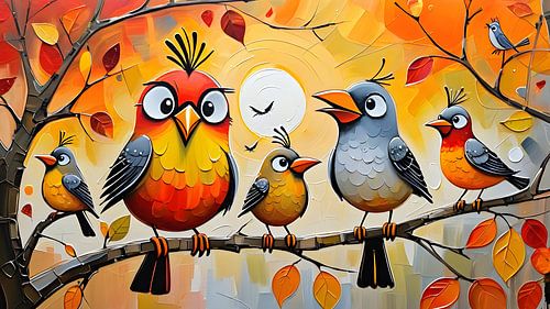 Speelse Vogels in Herfstdecor – Kleurrijk Kunstwerk met Pop-Art Invloeden