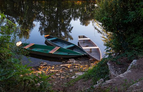 three wooden boats in the water in a river on a summer day