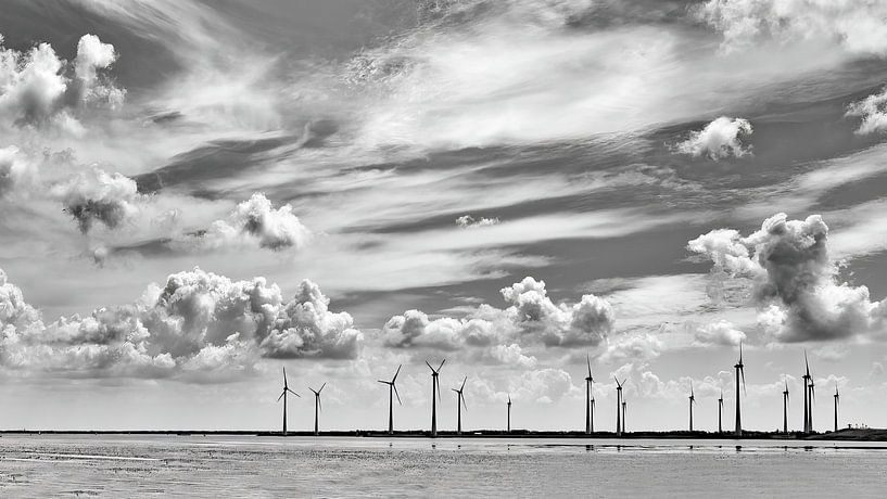 Windmills in black and white with beautiful cloud cover by Kees Dorsman