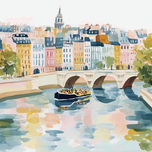 Watercolour cityscape of Paris – Seine and & -Pont illustration