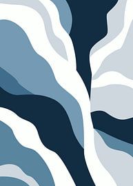 minimalistische, abstracte kunstprints in blauw met organische, vloeiende vormen.