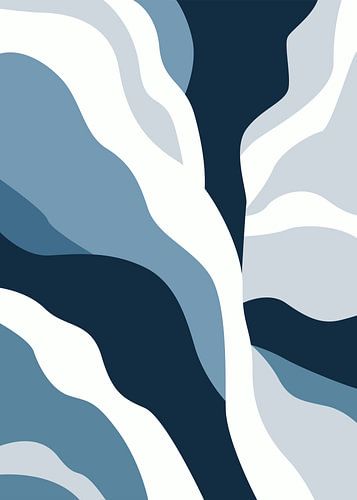 minimalistische, abstracte kunstprints in blauw met organische, vloeiende vormen.