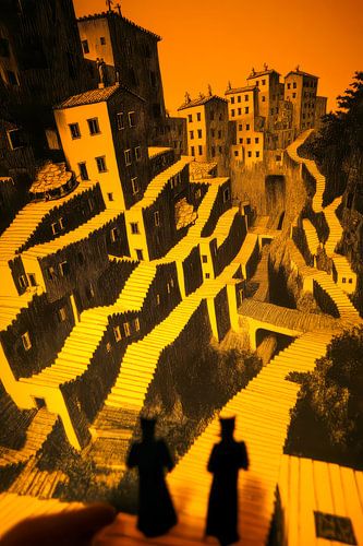 grafische afbeelding van huizen en trappen