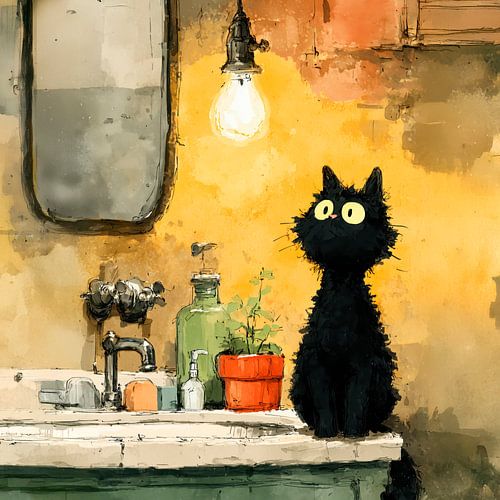 Zwarte kat in de badkamer bij de wastafel