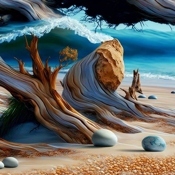 Strand Treibholz Kieselsteine Sand Wellen Gischt Meer Küste von gm_designs