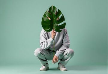 Hockende Person hält Monstera-Blatt von Markus Gann