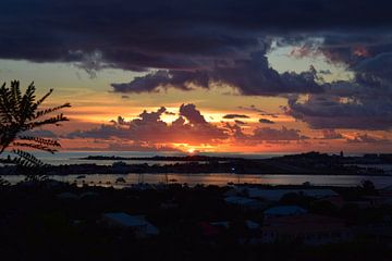 Zonsondergang over Sint Maarten, met dramatische wolken en een palmboom van Studio LE-gals