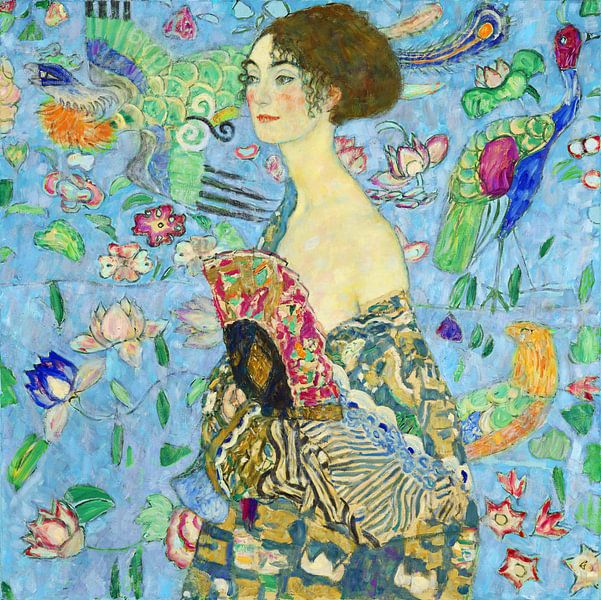 Dame mit Fächer, Gustav Klimt (blau, digital vergrößert) von Meisterhafte Meister