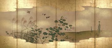 Kamerscherm met vogelmotief en bloeiende grassen, Matsumura K