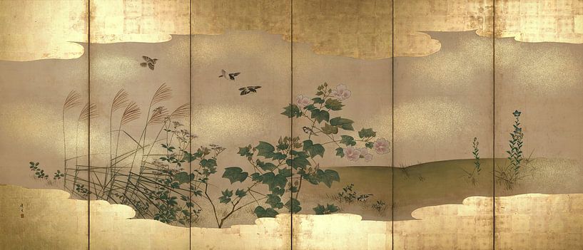 Folding Screen with Design of Birds and Flowering Grasses, Matsumura K by Masterful Masters