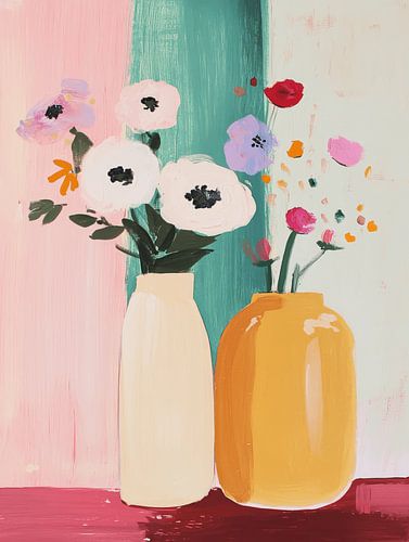 Buntes Stillleben, Vasen mit Blumen