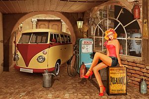 Pin Up Girl in nostalgischer Werkstatt