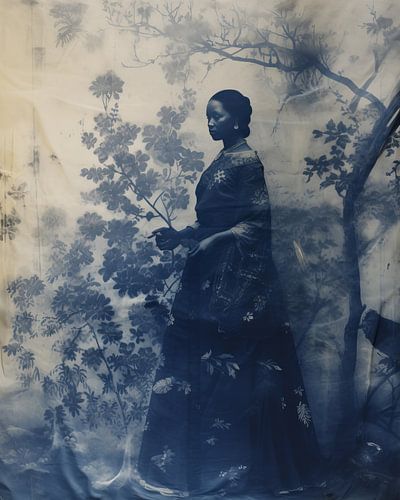 Vintage-Druck in Blau einer Frau in einer tropischen Landschaft