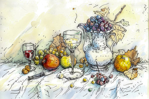 Drawing, still life, wine, party -4