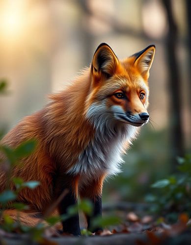 Red fox in the shadow of the forest