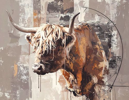 Schotse hooglander met hoorns - kunstwerk in taupe beige creme r